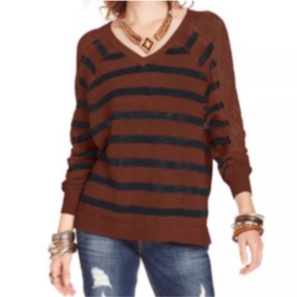 Free People We The Free Striped V-Neck Sweater Rust Brown Grey XS Open Knit Boho
